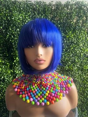 Vibrant Blue Short Bob Wig with Blunt Bangs - Women Hair